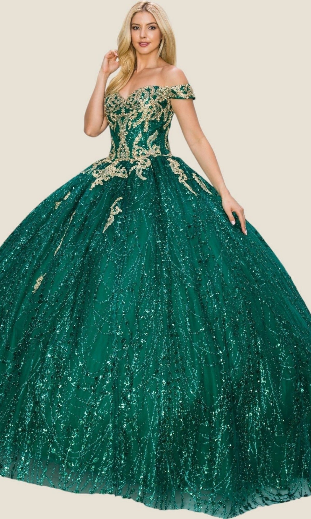 A woman stands against a plain background wearing the Cinderella Couture Quinceanera Dress 4201 in hunter green, an off-the-shoulder ball gown adorned with gold embroidery and sequin details.